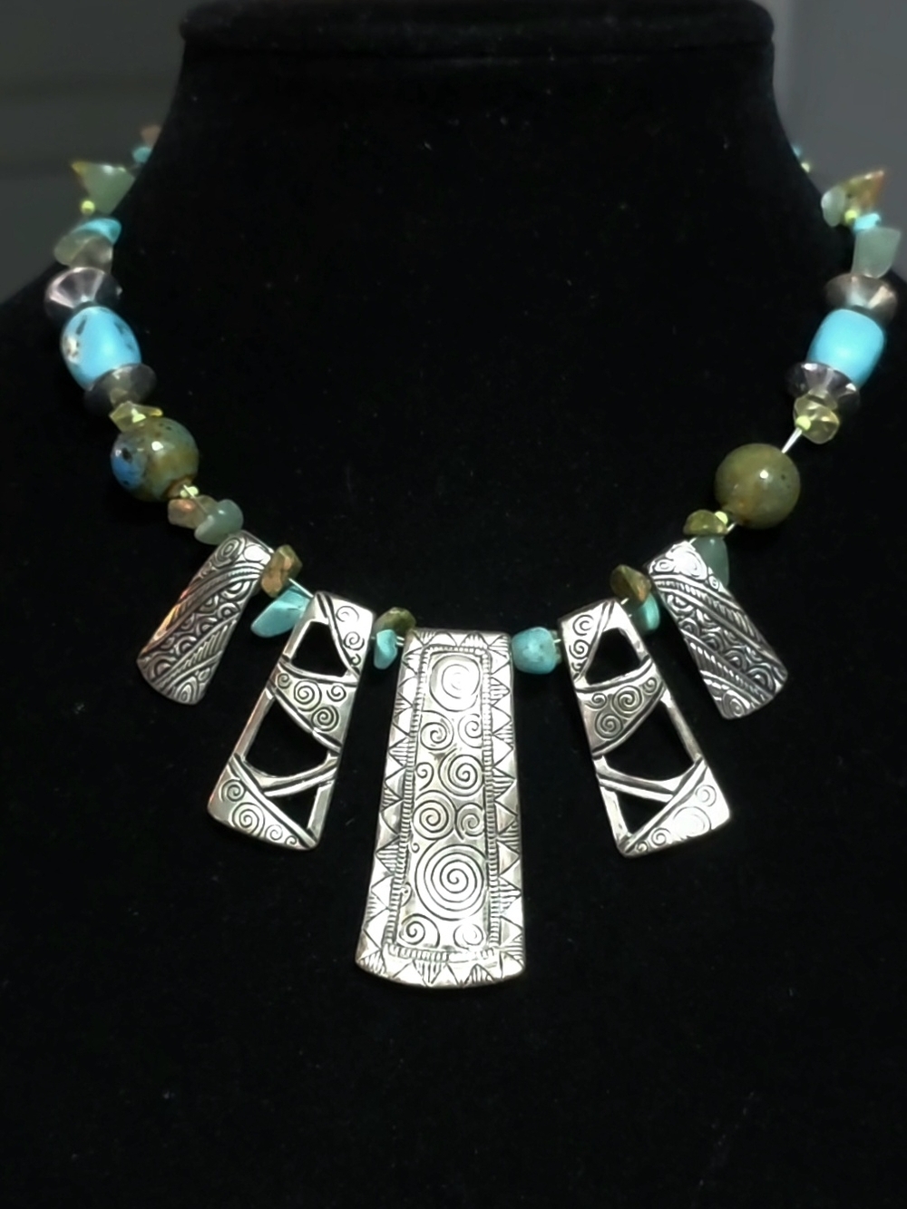 Boho Tribal Stamped Panel Necklace - Turquoise & Green Stone Accents